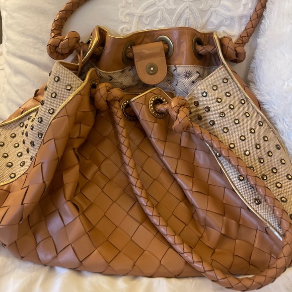 Gorgeous *BRIDGET SHUSTER* Tan Woven Rhinestone Purse Handbag Satchel - Picture 1 of 7